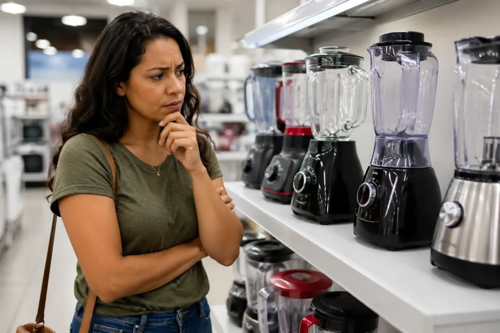 Mulher analisando diferentes liquidificadores em loja de eletrodomésticos, com dúvida sobre qual modelo escolher