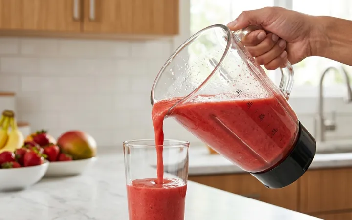 Capacidade da jarra de liquidificador servindo vitamina em um copo