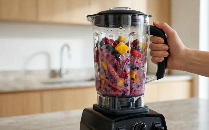 Liquidificador potente batendo frutas congeladas e gelo